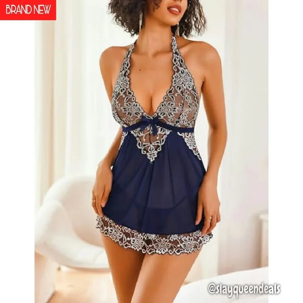 V-Neck Lace Babydoll Chemise Nightwear Floral Lace Trim Halter Style